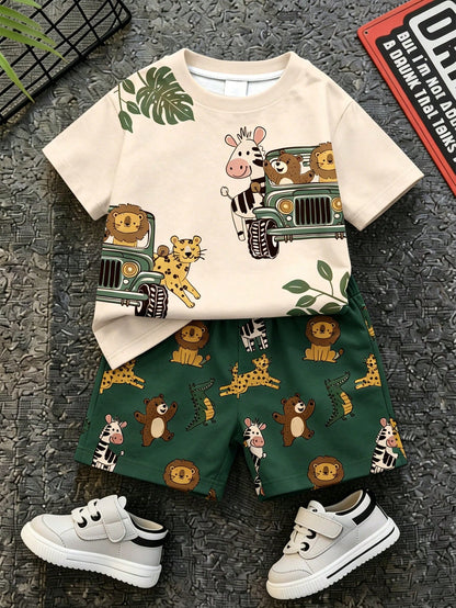 Baby Boy Casual Cartoon Print T-Shirt And Shorts Set, Suitable For Summer