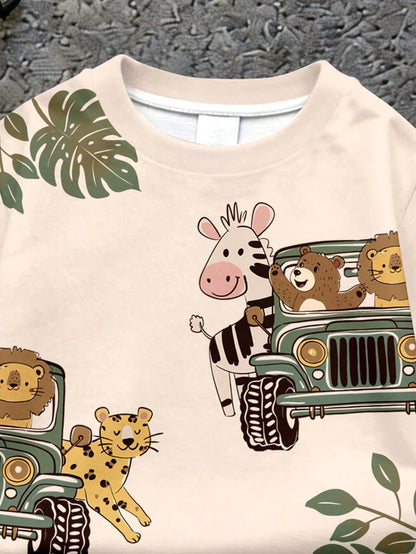 Baby Boy Casual Cartoon Print T-Shirt And Shorts Set, Suitable For Summer