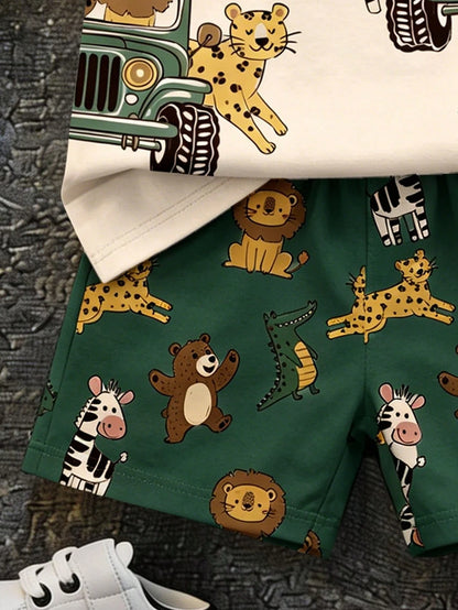Baby Boy Casual Cartoon Print T-Shirt And Shorts Set, Suitable For Summer