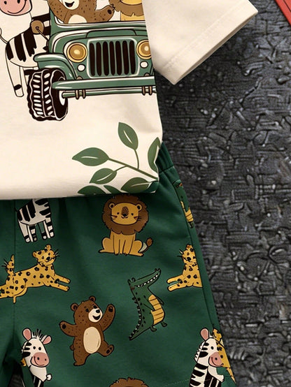 Baby Boy Casual Cartoon Print T-Shirt And Shorts Set, Suitable For Summer
