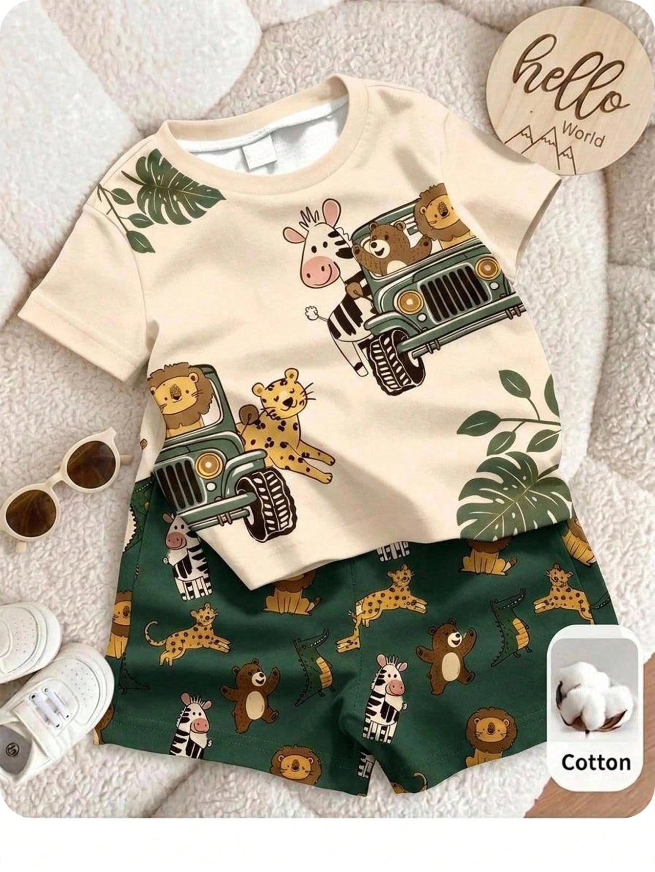 Baby Boy Casual Cartoon Print T-Shirt And Shorts Set, Suitable For Summer