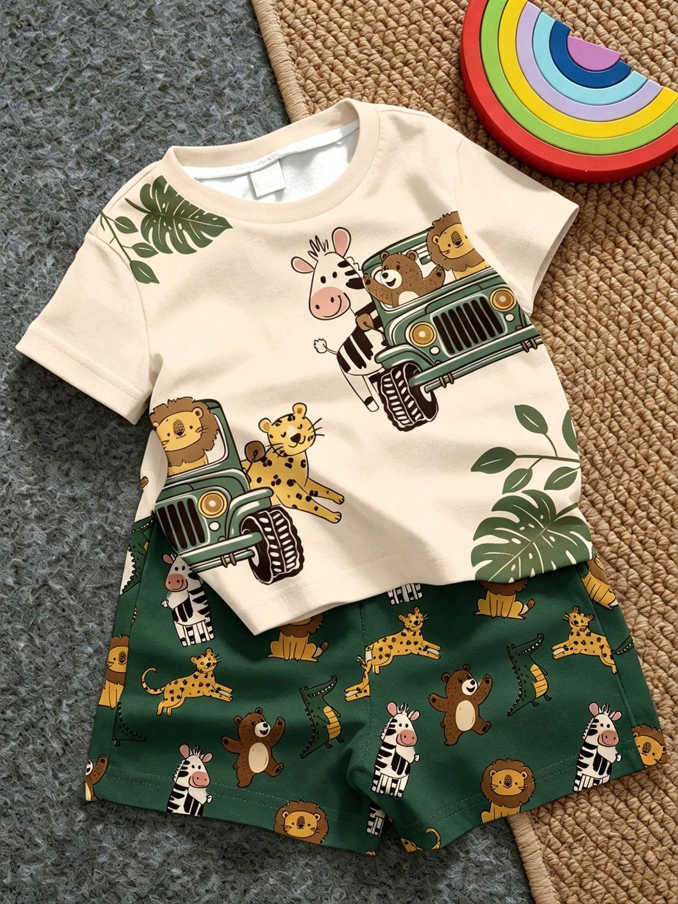 Baby Boy Casual Cartoon Print T-Shirt And Shorts Set, Suitable For Summer