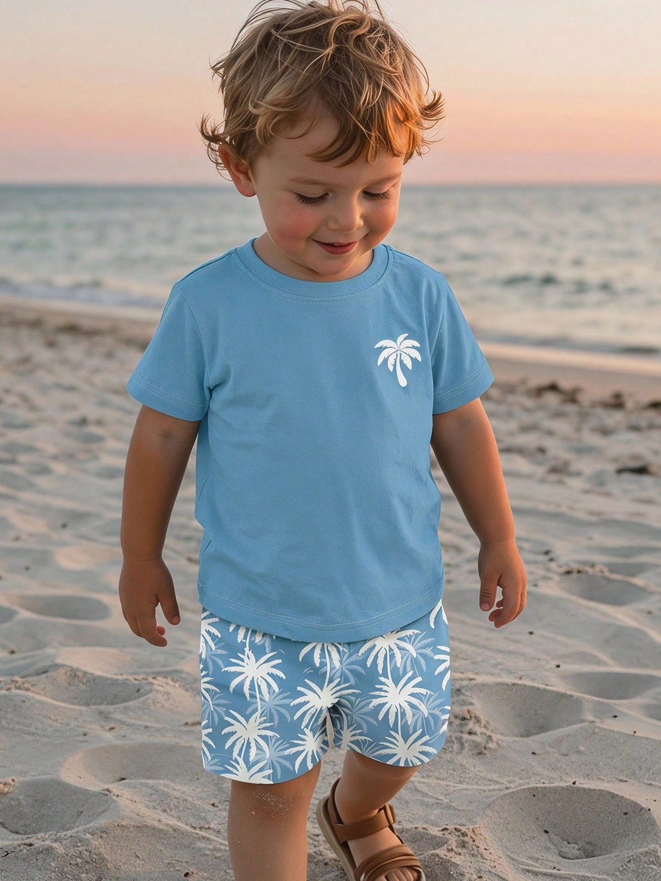 Baby Boy Casual Minimalist T-Shirt Set,Blue White Stripe,Summer,Beach,Vacation,Holiday,Tropical Plant Leaf Graphic Print Tee & Shorts Boys Outfit Set