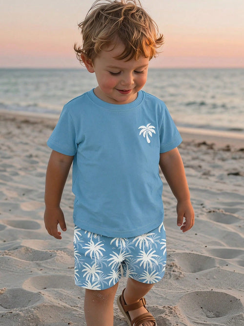 Baby Boy Casual Minimalist T-Shirt Set,Blue White Stripe,Summer,Beach,Vacation,Holiday,Tropical Plant Leaf Graphic Print Tee & Shorts Boys Outfit Set