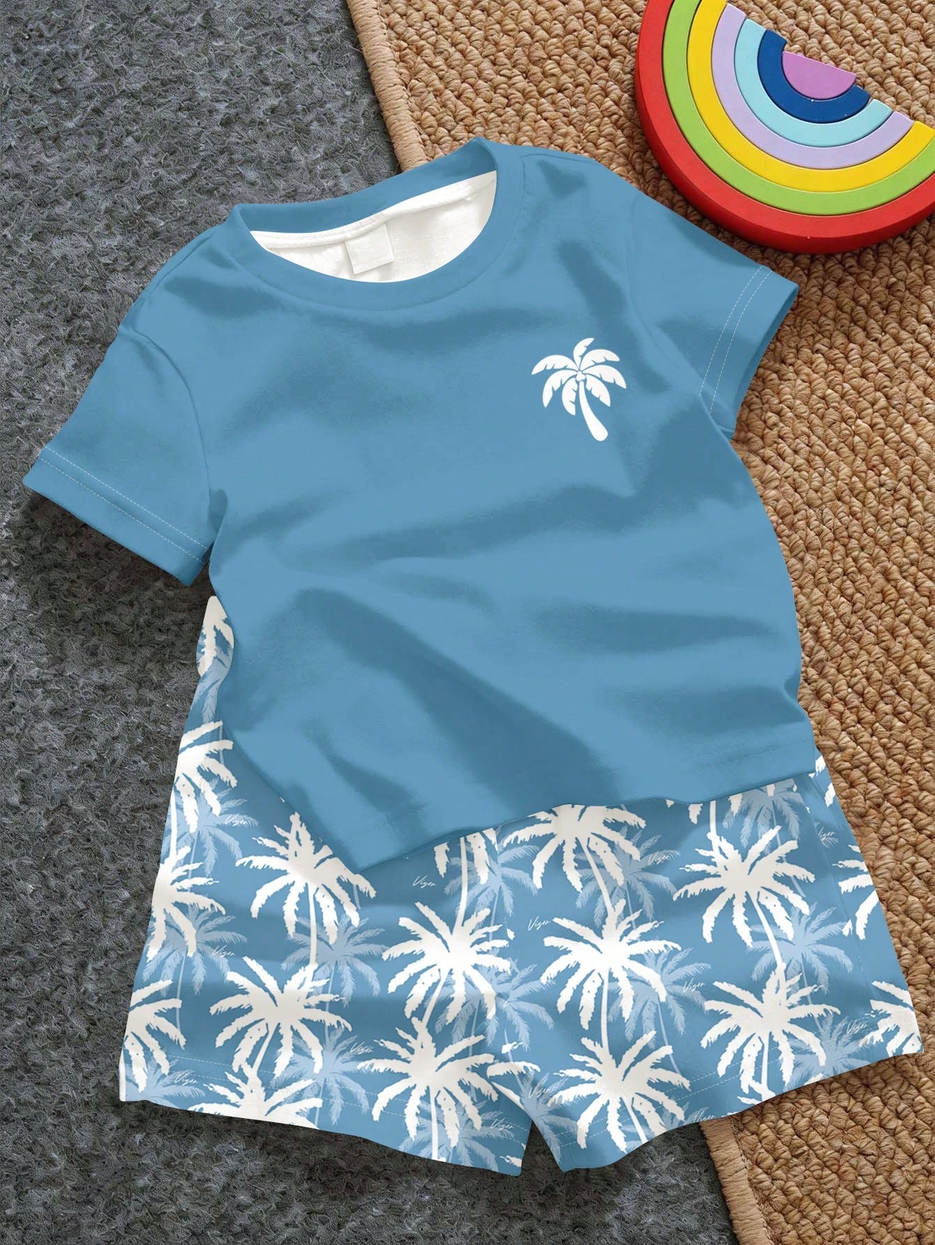Baby Boy Casual Minimalist T-Shirt Set,Blue White Stripe,Summer,Beach,Vacation,Holiday,Tropical Plant Leaf Graphic Print Tee & Shorts Boys Outfit Set