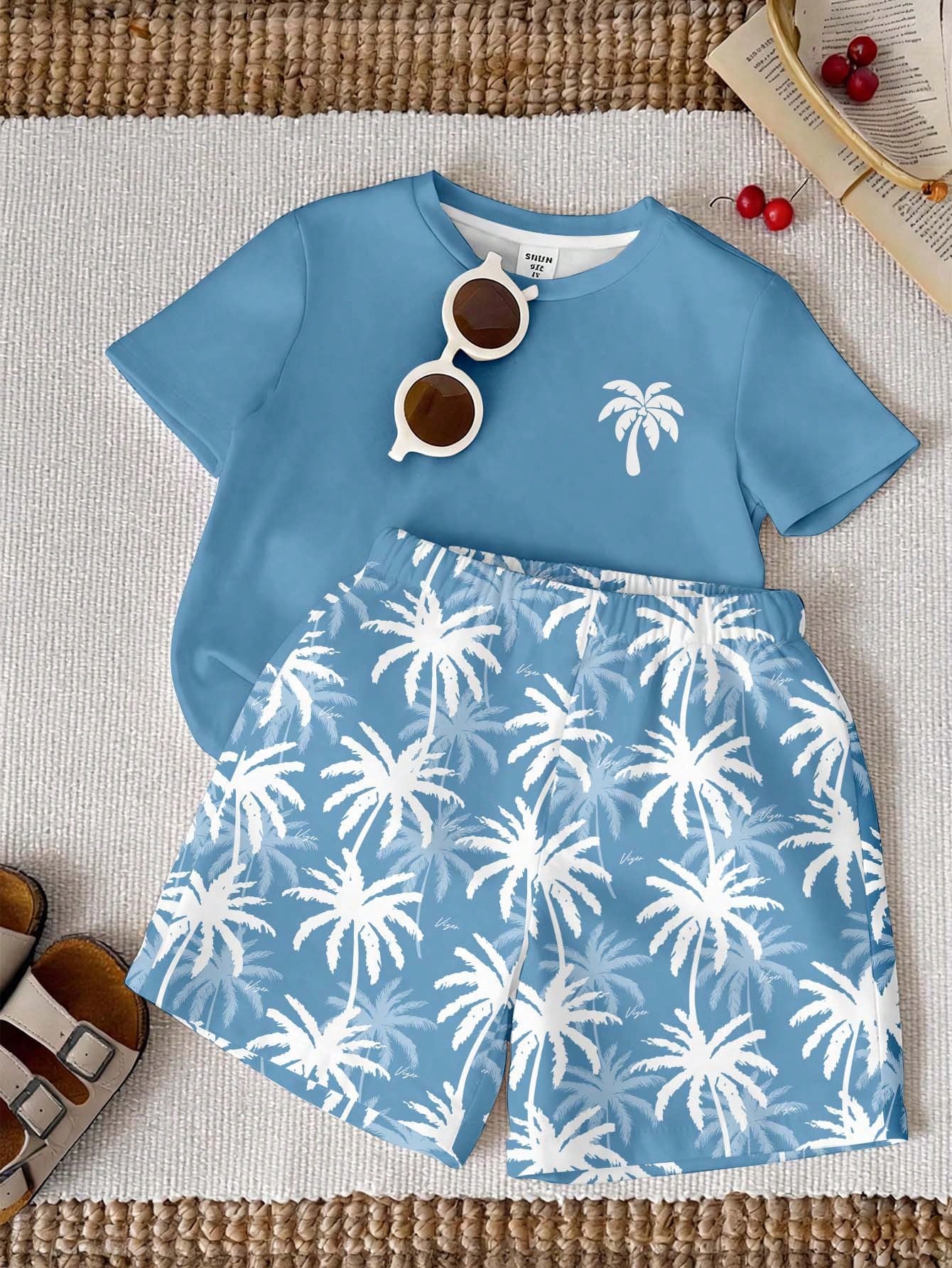 Baby Boy Casual Minimalist T-Shirt Set,Blue White Stripe,Summer,Beach,Vacation,Holiday,Tropical Plant Leaf Graphic Print Tee & Shorts Boys Outfit Set