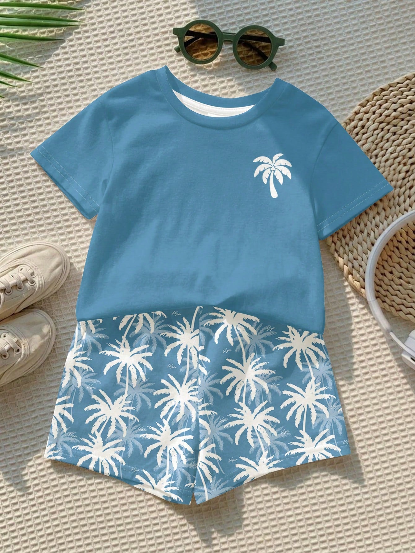 Baby Boy Casual Minimalist T-Shirt Set,Blue White Stripe,Summer,Beach,Vacation,Holiday,Tropical Plant Leaf Graphic Print Tee & Shorts Boys Outfit Set