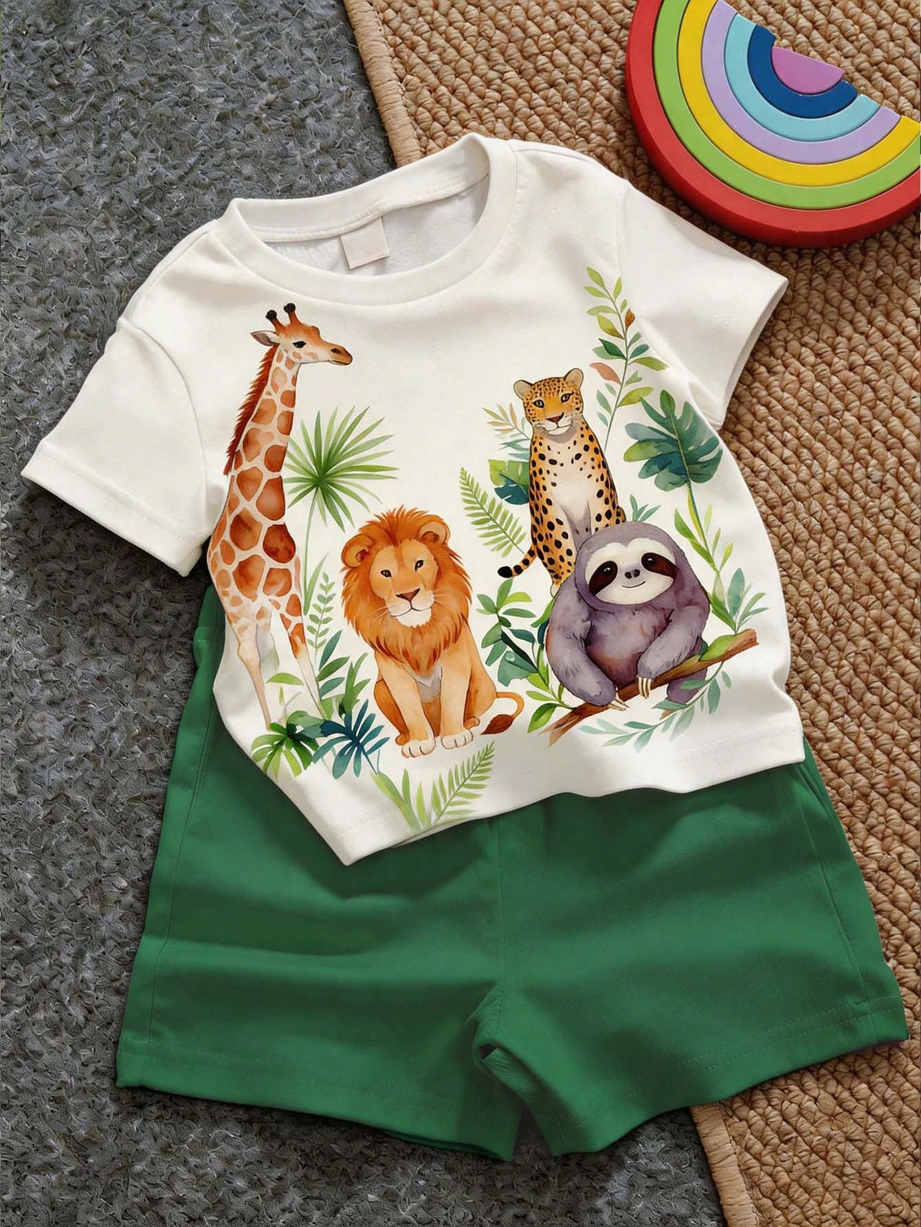 Baby Boy Casual Minimalist T-Shirt Set,Blue White Stripe,Summer,Beach,Vacation,Holiday,Tropical Plant Leaf Graphic Print Tee & Shorts Boys Outfit Set