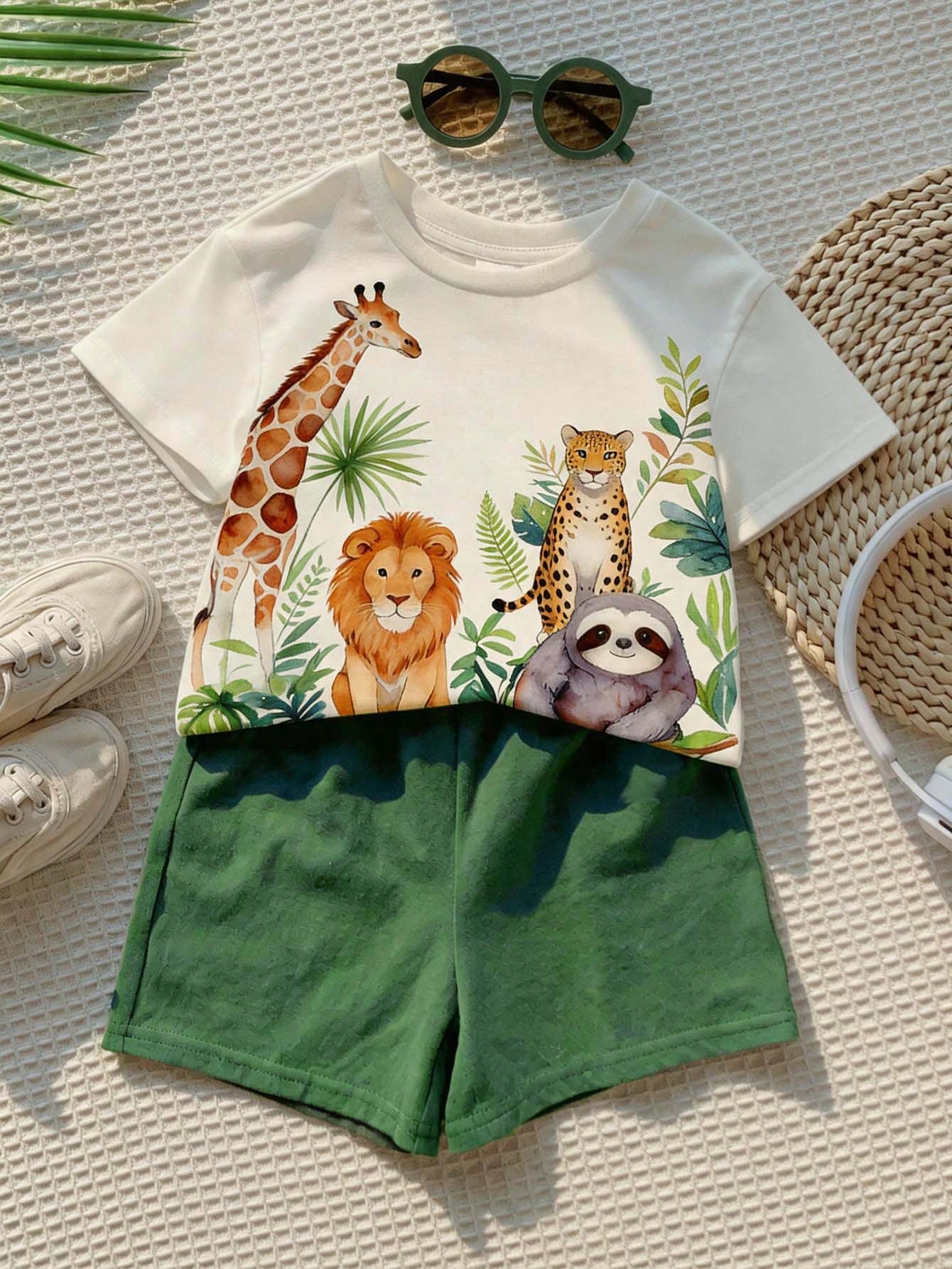 Baby Boy Casual Minimalist T-Shirt Set,Blue White Stripe,Summer,Beach,Vacation,Holiday,Tropical Plant Leaf Graphic Print Tee & Shorts Boys Outfit Set