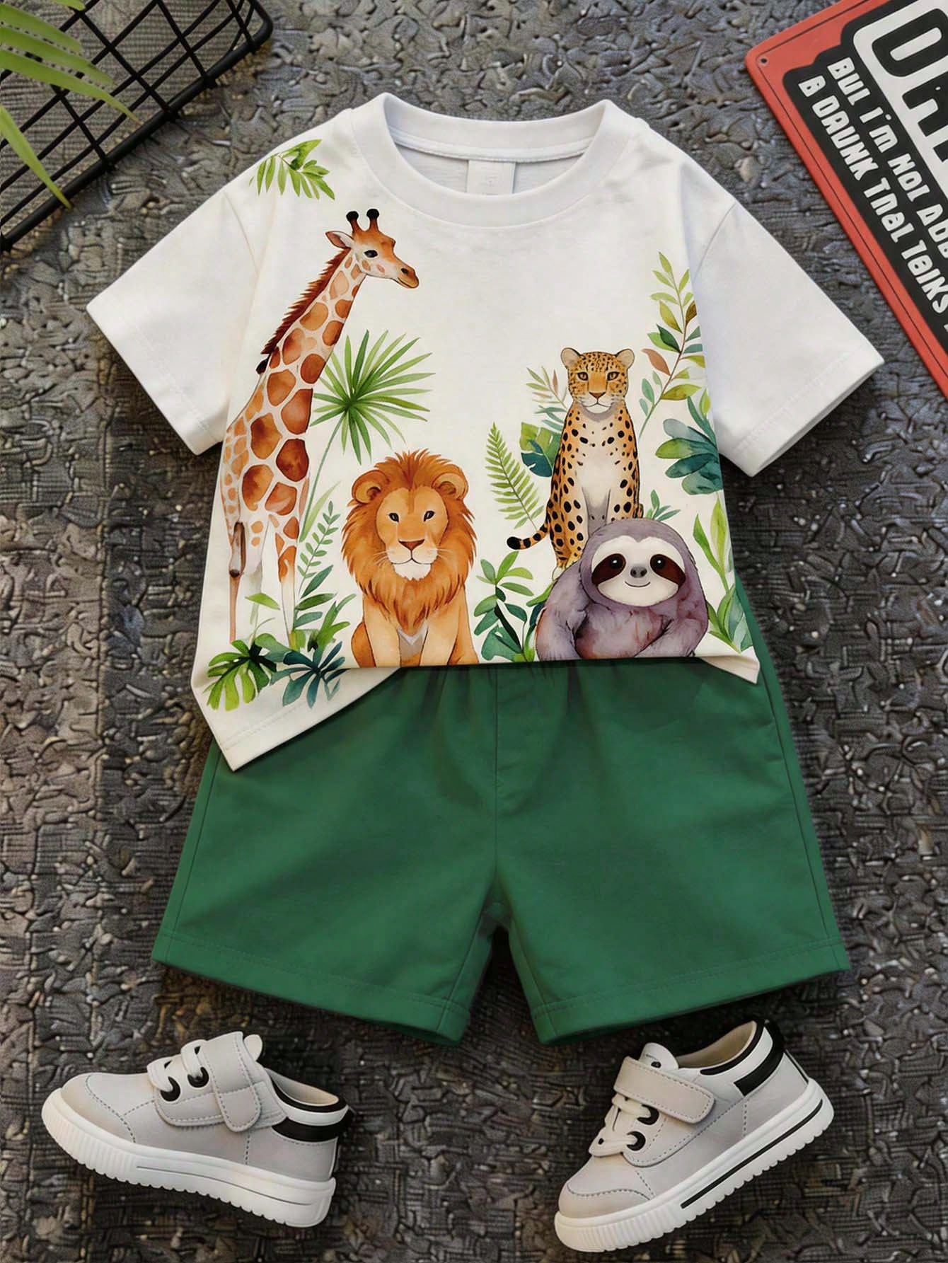 Baby Boy Casual Minimalist T-Shirt Set,Blue White Stripe,Summer,Beach,Vacation,Holiday,Tropical Plant Leaf Graphic Print Tee & Shorts Boys Outfit Set