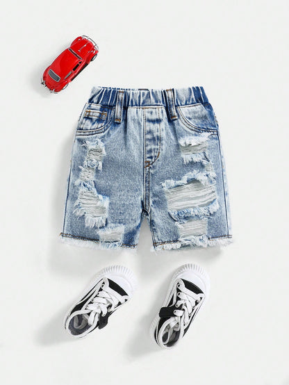 Baby Boy Casual Washed Ripped Frayed Loose Straight Leg Denim Shorts,For Summer