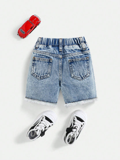 Baby Boy Casual Washed Ripped Frayed Loose Straight Leg Denim Shorts,For Summer