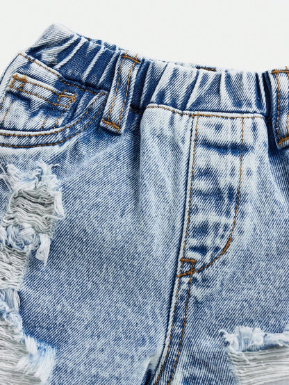 Baby Boy Casual Washed Ripped Frayed Loose Straight Leg Denim Shorts,For Summer