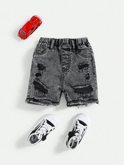 Baby Boy Casual Washed Ripped Frayed Loose Straight Leg Denim Shorts,For Summer