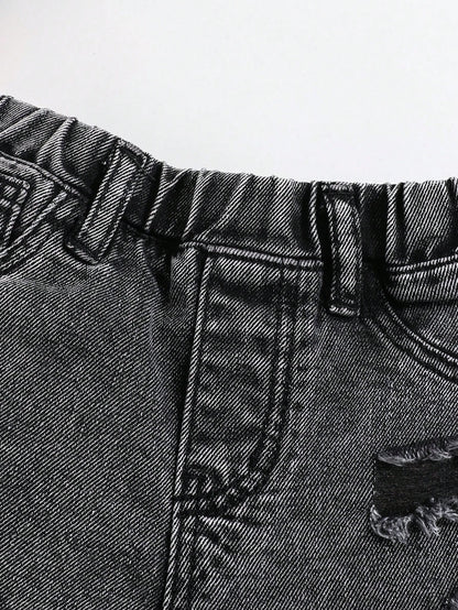 Baby Boy Casual Washed Ripped Frayed Loose Straight Leg Denim Shorts,For Summer