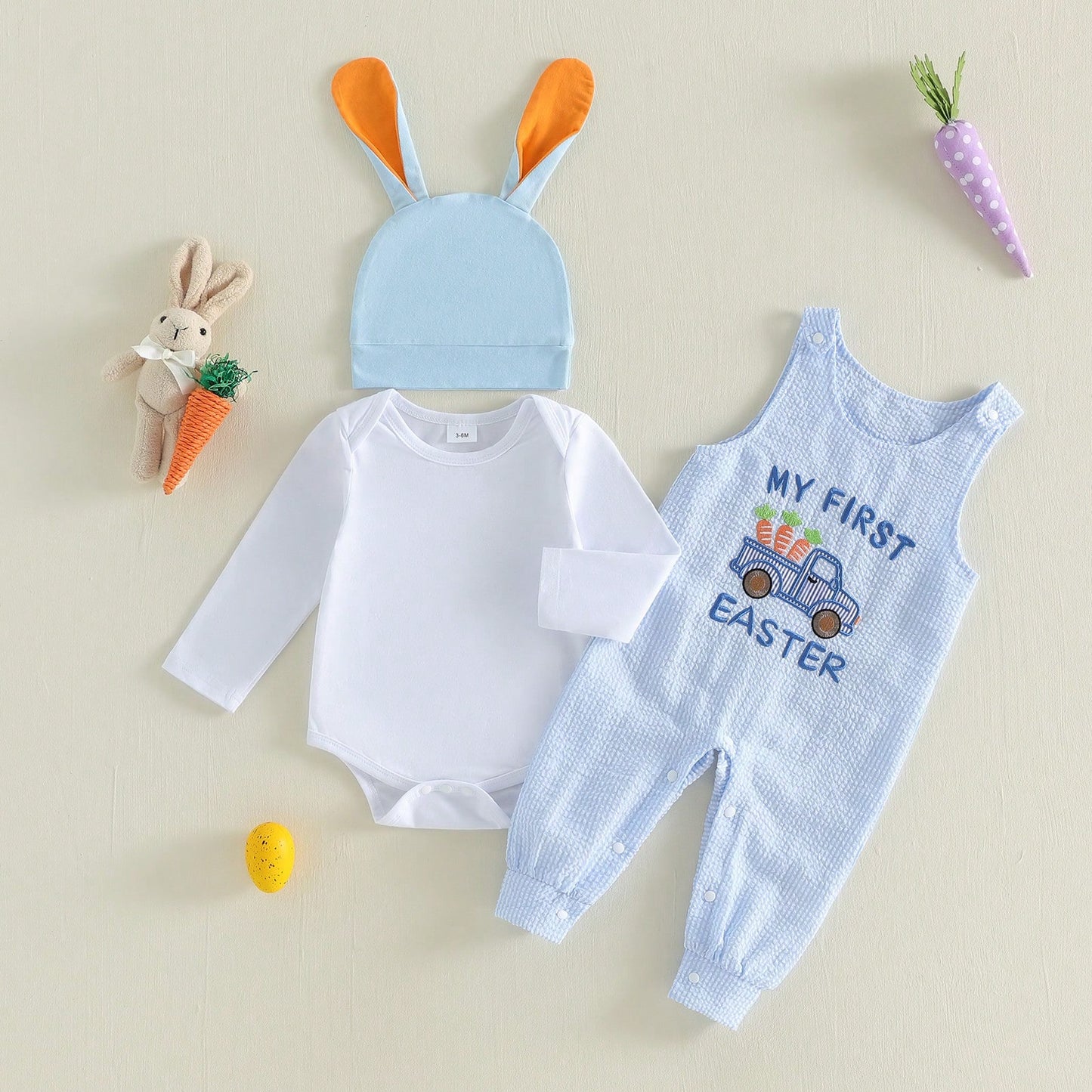 Baby Boy Easter Outfit Newborn Romper+Rabbit Truck Embroidered Overalls+Hat 3pcs Babys First Easter Outfit. My First Easter Baby Boy Outfit,Super Cute 3pcs Newborn Baby Boy Easter Clothes. East