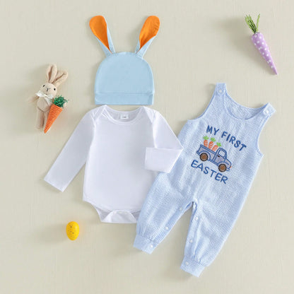 Baby Boy Easter Outfit Newborn Romper+Rabbit Truck Embroidered Overalls+Hat 3pcs Babys First Easter Outfit. My First Easter Baby Boy Outfit,Super Cute 3pcs Newborn Baby Boy Easter Clothes. East