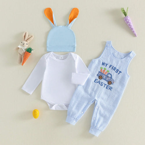 Baby Boy Easter Outfit Newborn Romper+Rabbit Truck Embroidered Overalls+Hat 3pcs Babys First Easter Outfit. My First Easter Baby Boy Outfit,Super Cute 3pcs Newborn Baby Boy Easter Clothes. East