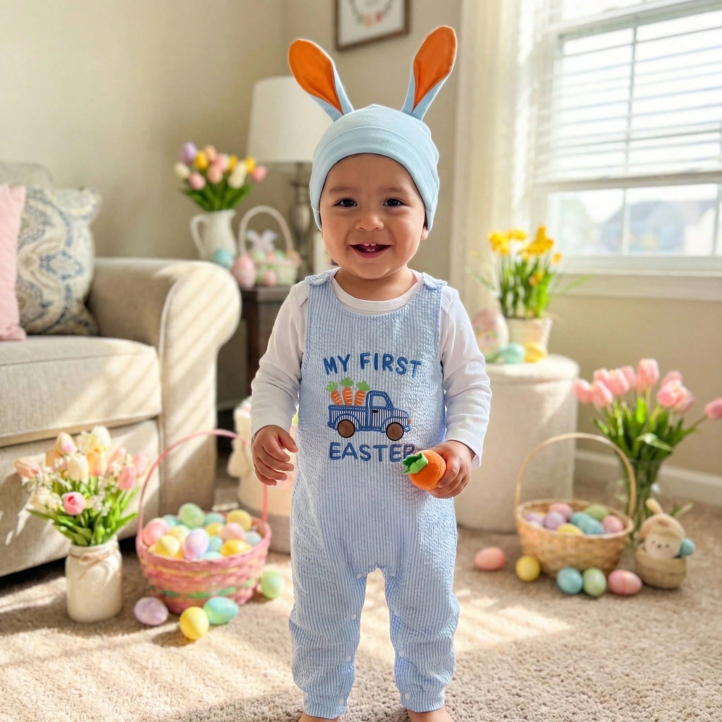 Baby Boy Easter Outfit Newborn Romper+Rabbit Truck Embroidered Overalls+Hat 3pcs Babys First Easter Outfit. My First Easter Baby Boy Outfit,Super Cute 3pcs Newborn Baby Boy Easter Clothes. East