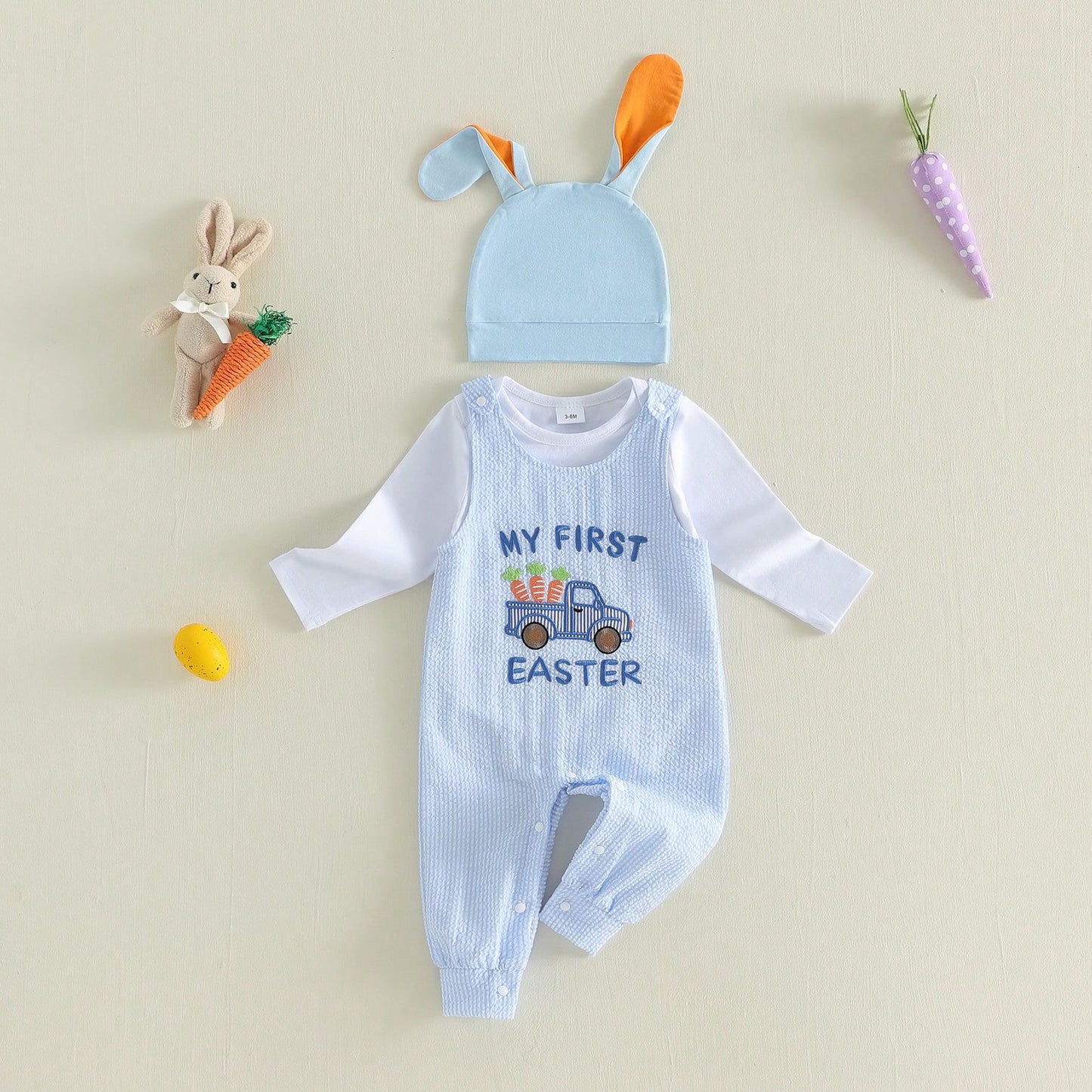 Baby Boy Easter Outfit Newborn Romper+Rabbit Truck Embroidered Overalls+Hat 3pcs Babys First Easter Outfit. My First Easter Baby Boy Outfit,Super Cute 3pcs Newborn Baby Boy Easter Clothes. East