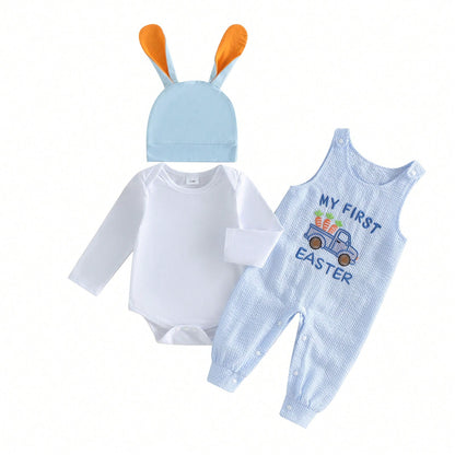 Baby Boy Easter Outfit Newborn Romper+Rabbit Truck Embroidered Overalls+Hat 3pcs Babys First Easter Outfit. My First Easter Baby Boy Outfit,Super Cute 3pcs Newborn Baby Boy Easter Clothes. East