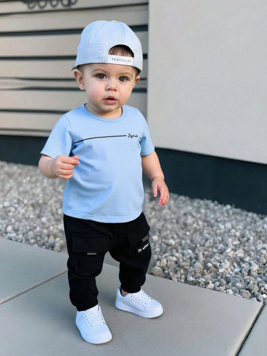 Baby Boy/Girl Cute Casual Letter Print Loose Short Sleeve T-Shirt & Cargo Pants Set,Blue,Summer,Beach,Toddler Clothes Outfit For Spring,Autumn