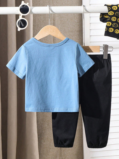 Baby Boy/Girl Cute Casual Letter Print Loose Short Sleeve T-Shirt & Cargo Pants Set,Blue,Summer,Beach,Toddler Clothes Outfit For Spring,Autumn