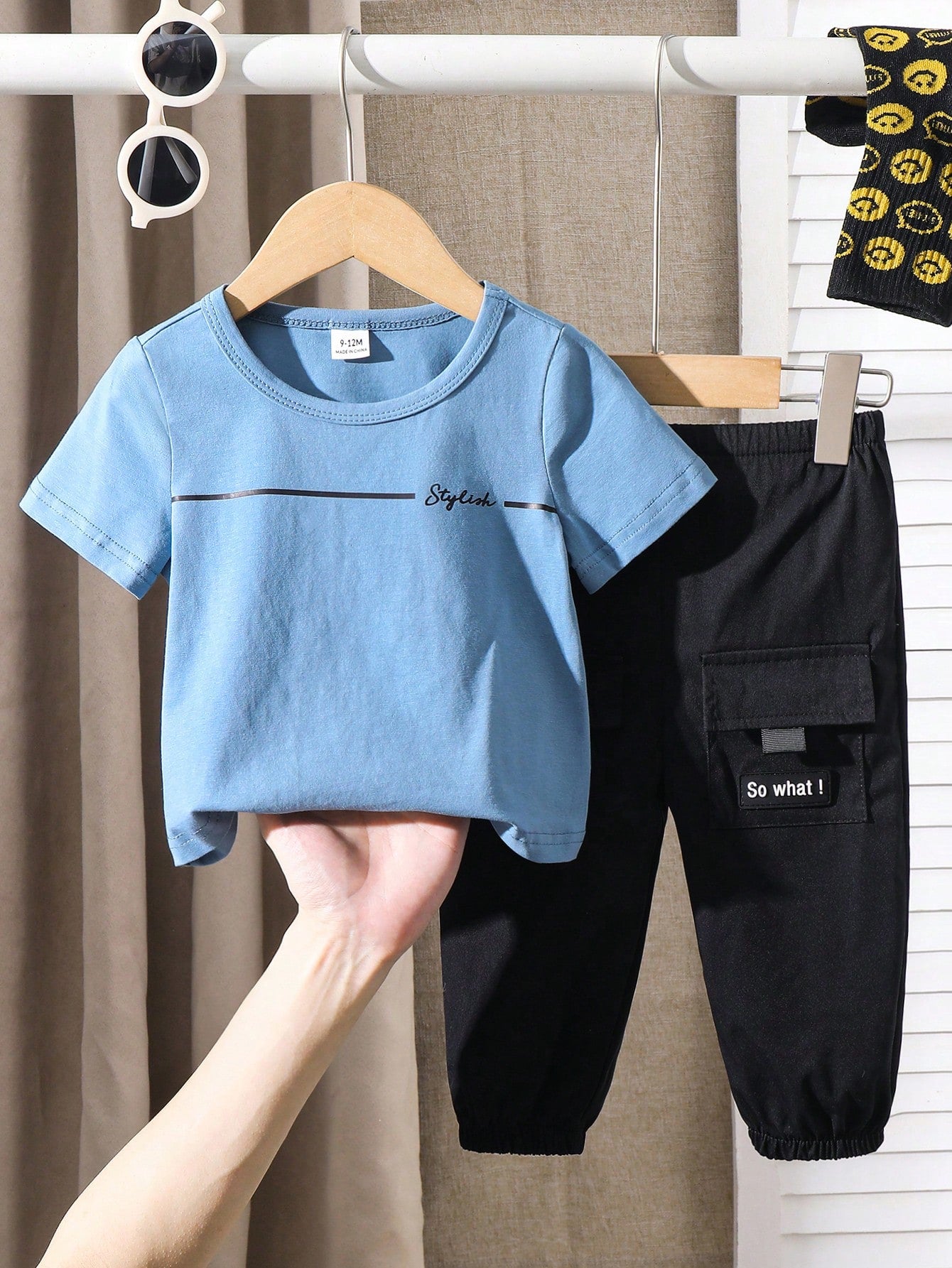 Baby Boy/Girl Cute Casual Letter Print Loose Short Sleeve T-Shirt & Cargo Pants Set,Blue,Summer,Beach,Toddler Clothes Outfit For Spring,Autumn