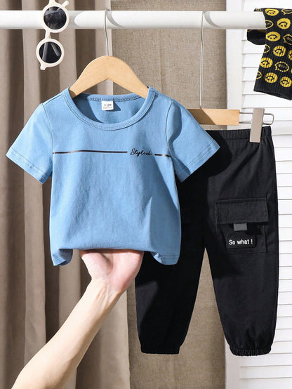 Baby Boy/Girl Cute Casual Letter Print Loose Short Sleeve T-Shirt & Cargo Pants Set,Blue,Summer,Beach,Toddler Clothes Outfit For Spring,Autumn