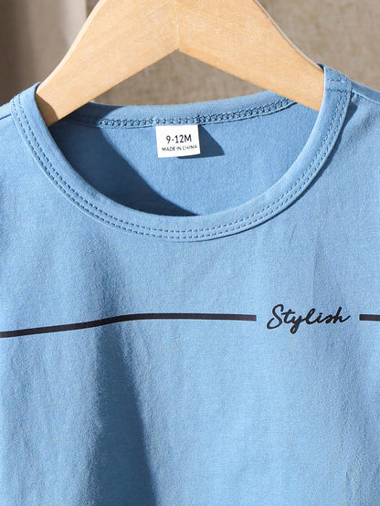 Baby Boy/Girl Cute Casual Letter Print Loose Short Sleeve T-Shirt & Cargo Pants Set,Blue,Summer,Beach,Toddler Clothes Outfit For Spring,Autumn