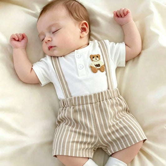 Baby Boy Summer Cotton Bear Embroidery Top And Striped Suspender Pants Set, Fashionable Casual Outfit For Toddler Boys