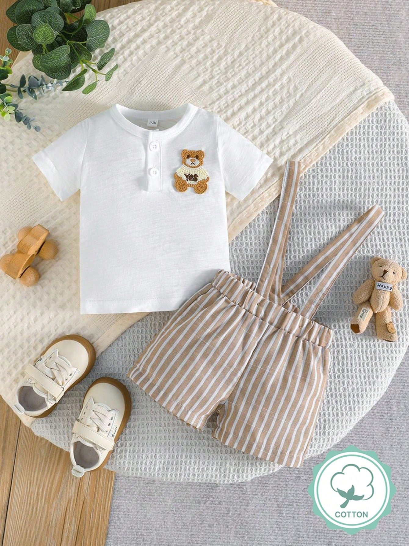 Baby Boy Summer Cotton Bear Embroidery Top And Striped Suspender Pants Set, Fashionable Casual Outfit For Toddler Boys
