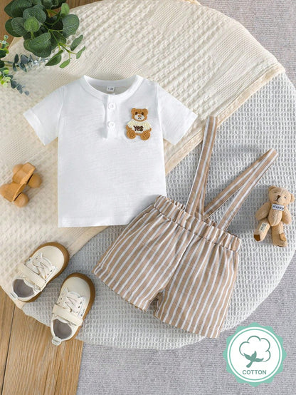 Baby Boy Summer Cotton Bear Embroidery Top And Striped Suspender Pants Set, Fashionable Casual Outfit For Toddler Boys