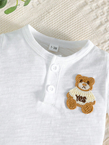 Baby Boy Summer Cotton Bear Embroidery Top And Striped Suspender Pants Set, Fashionable Casual Outfit For Toddler Boys