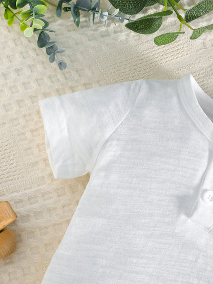 Baby Boy Summer Cotton Bear Embroidery Top And Striped Suspender Pants Set, Fashionable Casual Outfit For Toddler Boys