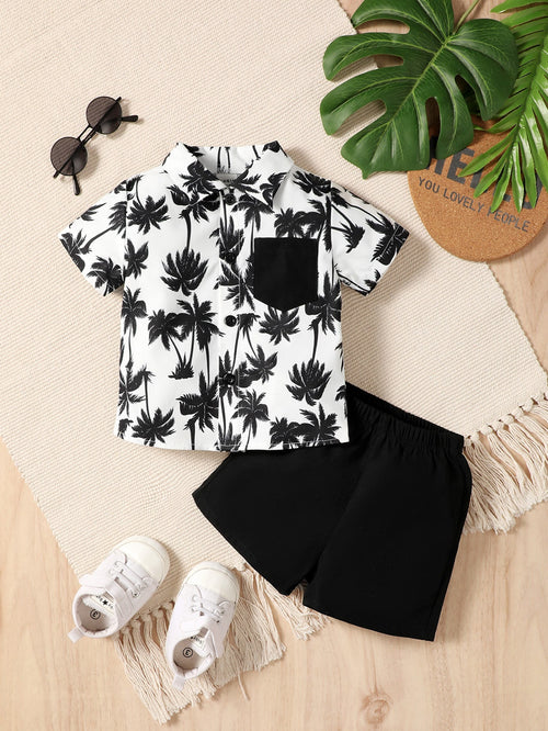 Baby Boy Summer Holiday Coconut Tree Printed Shirt And Solid Color Shorts Set