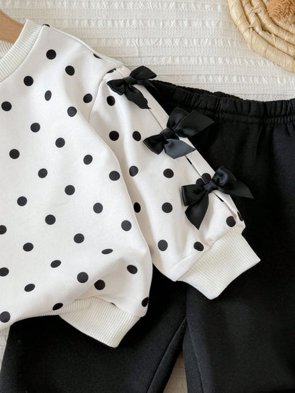 Baby Girl Autumn/Winter Cute Polka Dot Soft Bow Long Sleeve Sweatshirt And Elastic Waist Long Pants 2 Pieces Set