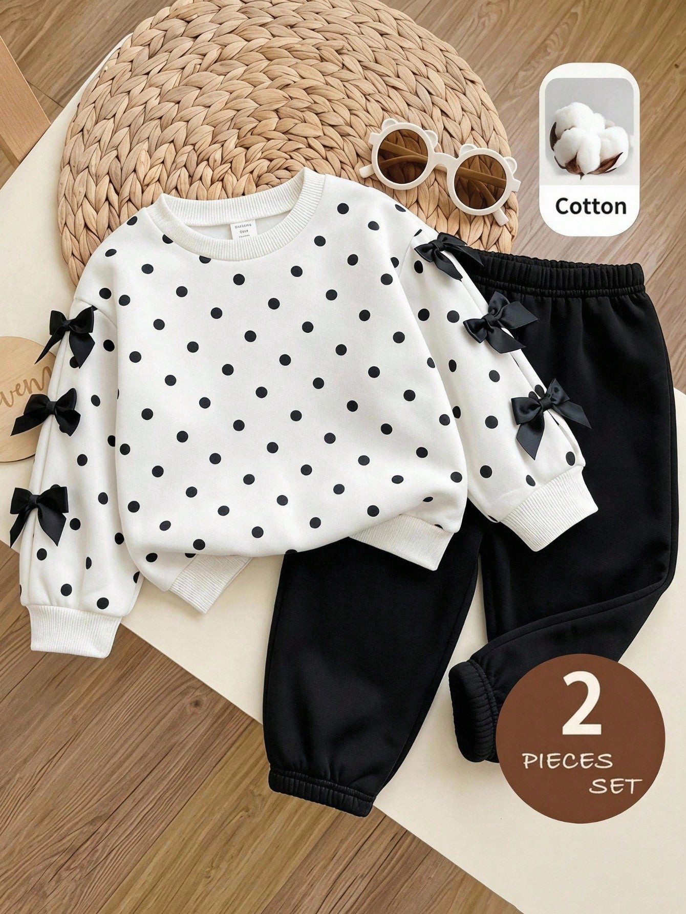 Baby Girl Autumn/Winter Cute Polka Dot Soft Bow Long Sleeve Sweatshirt And Elastic Waist Long Pants 2 Pieces Set