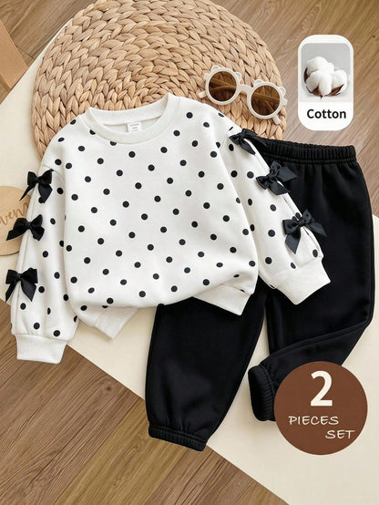 Baby Girl Autumn/Winter Cute Polka Dot Soft Bow Long Sleeve Sweatshirt And Elastic Waist Long Pants 2 Pieces Set