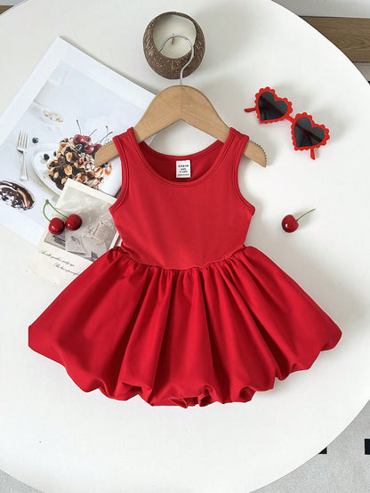 Baby Girl Baby Girl Fashionable Cute Casual Summer Red Knit Patchwork Hollow Out Sleeveless Graphic Print Jumpsuit