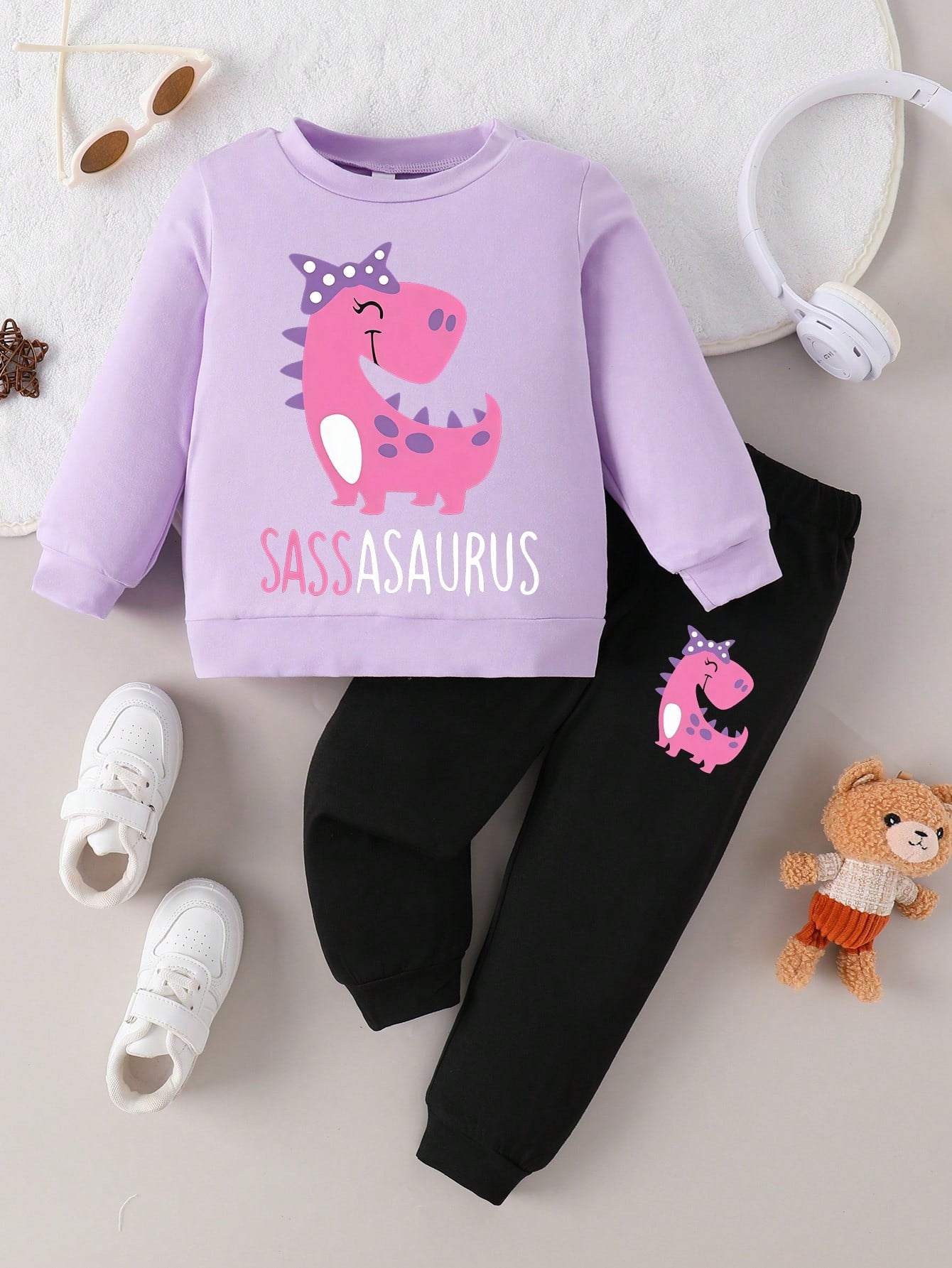 Baby Girl Casual Cute Dinosaur & Letter Print Crew Neck Long Sleeve Top And Pants Set, Spring/Autumn