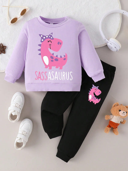 Baby Girl Casual Cute Dinosaur & Letter Print Crew Neck Long Sleeve Top And Pants Set, Spring/Autumn
