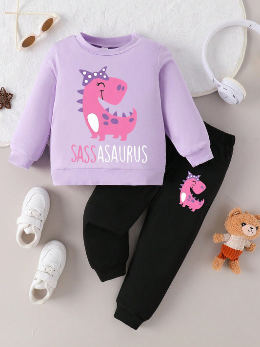 Baby Girl Casual Cute Dinosaur & Letter Print Crew Neck Long Sleeve Top And Pants Set, Spring/Autumn