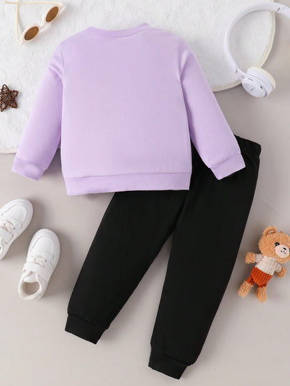 Baby Girl Casual Cute Dinosaur & Letter Print Crew Neck Long Sleeve Top And Pants Set, Spring/Autumn