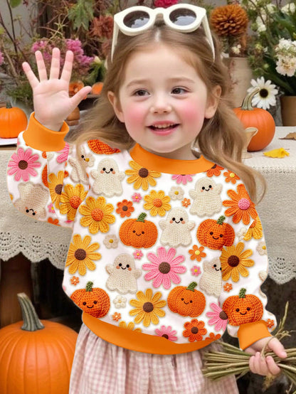 Baby Girl Casual Cute Halloween Pumpkin Floral Ghost Print, Simple Loose Round Neck Sweatshirt Suitable For Autumn/Winter Street Retro Style, Comfortable And Relaxed, Children's Autumn Layering, Y2K
