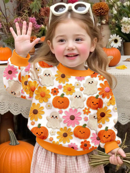 Baby Girl Casual Cute Halloween Pumpkin Floral Ghost Print, Simple Loose Round Neck Sweatshirt Suitable For Autumn/Winter Street Retro Style, Comfortable And Relaxed, Children's Autumn Layering, Y2K