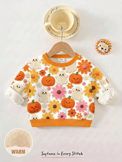 Baby Girl Casual Cute Halloween Pumpkin Floral Ghost Print, Simple Loose Round Neck Sweatshirt Suitable For Autumn/Winter Street Retro Style, Comfortable And Relaxed, Children's Autumn Layering, Y2K