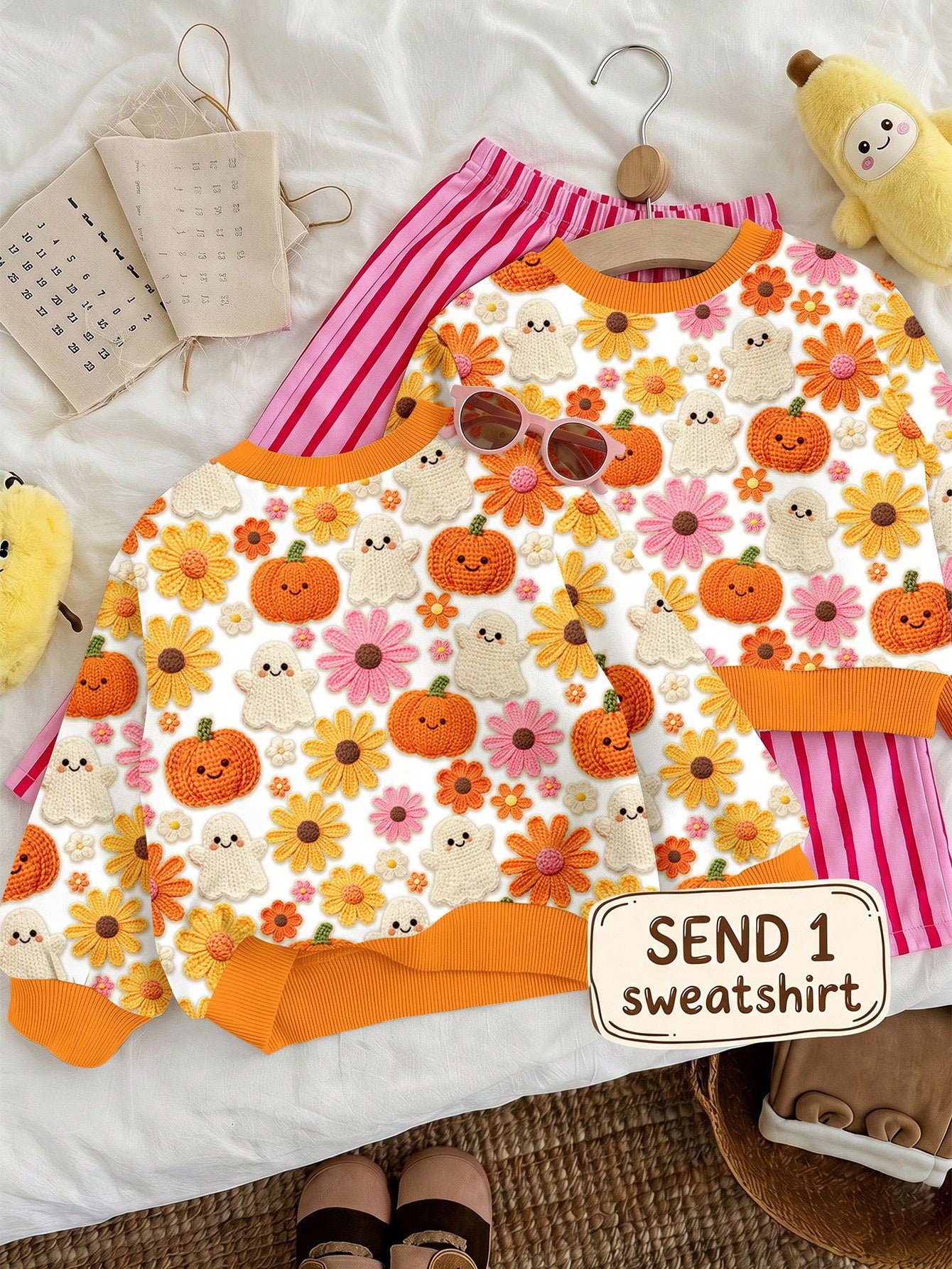 Baby Girl Casual Cute Halloween Pumpkin Floral Ghost Print, Simple Loose Round Neck Sweatshirt Suitable For Autumn/Winter Street Retro Style, Comfortable And Relaxed, Children's Autumn Layering, Y2K