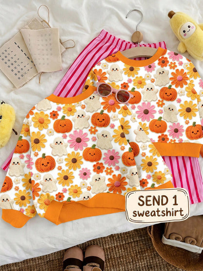 Baby Girl Casual Cute Halloween Pumpkin Floral Ghost Print, Simple Loose Round Neck Sweatshirt Suitable For Autumn/Winter Street Retro Style, Comfortable And Relaxed, Children's Autumn Layering, Y2K