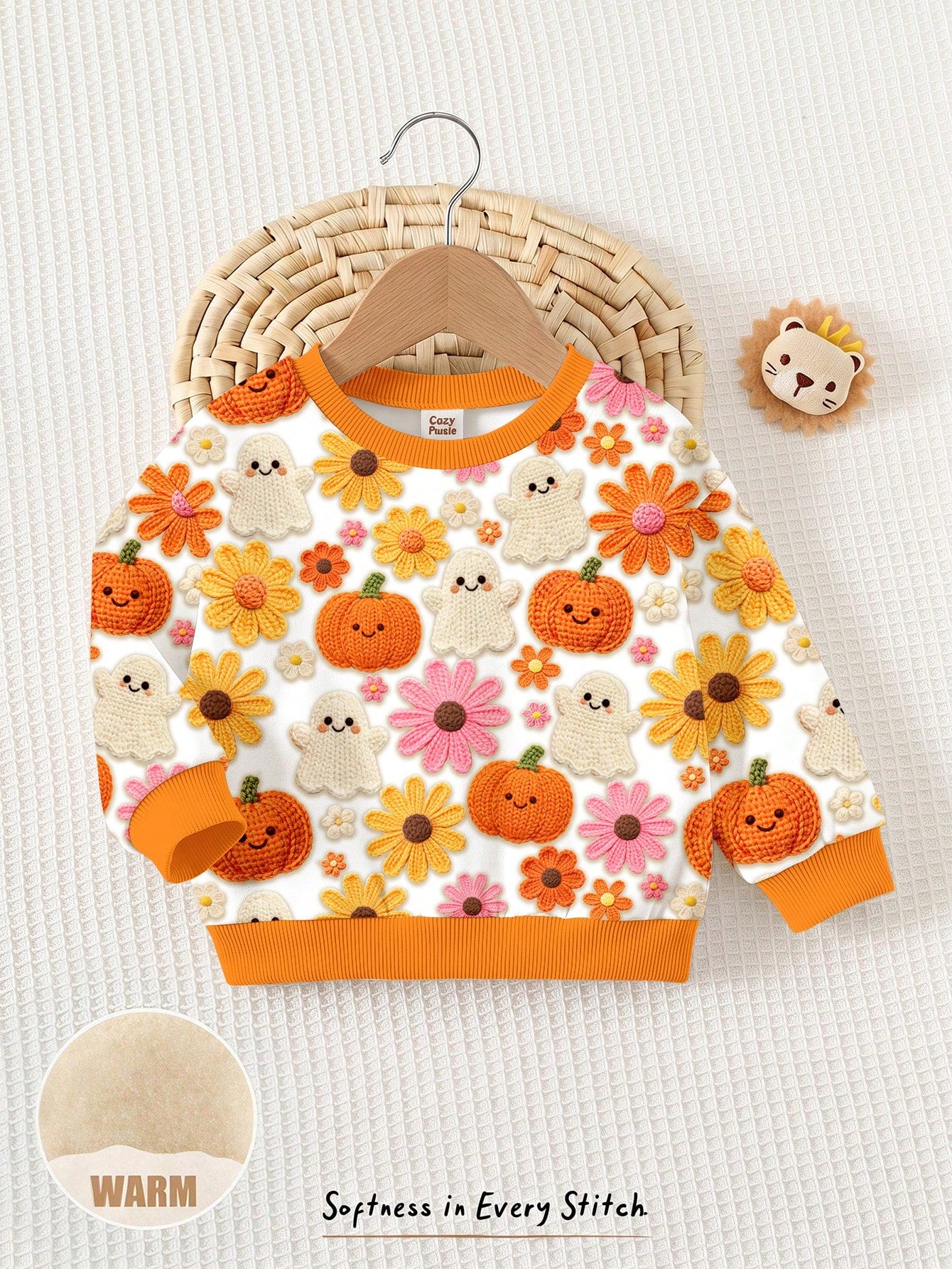 Baby Girl Casual Cute Halloween Pumpkin Floral Ghost Print, Simple Loose Round Neck Sweatshirt Suitable For Autumn/Winter Street Retro Style, Comfortable And Relaxed, Children's Autumn Layering, Y2K
